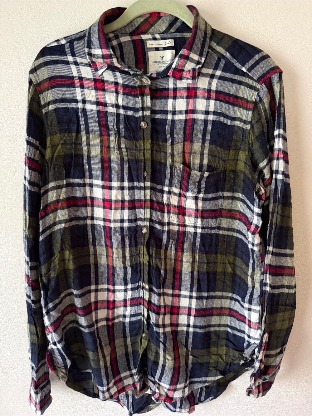 American Eagle Outfitters Plaid Button-Down Shirt in Navy, Olive & Red